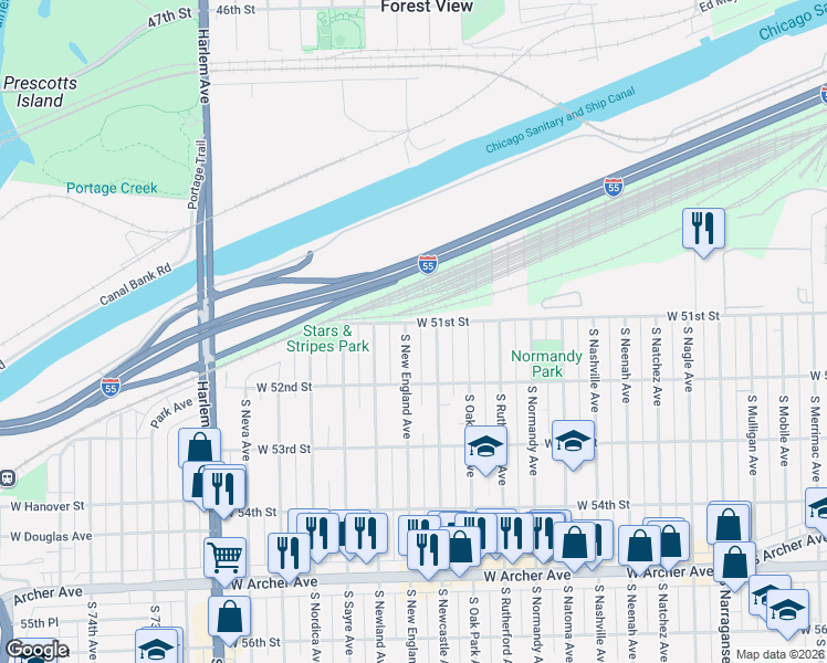 map of restaurants, bars, coffee shops, grocery stores, and more near 5114 South Newcastle Avenue in Chicago