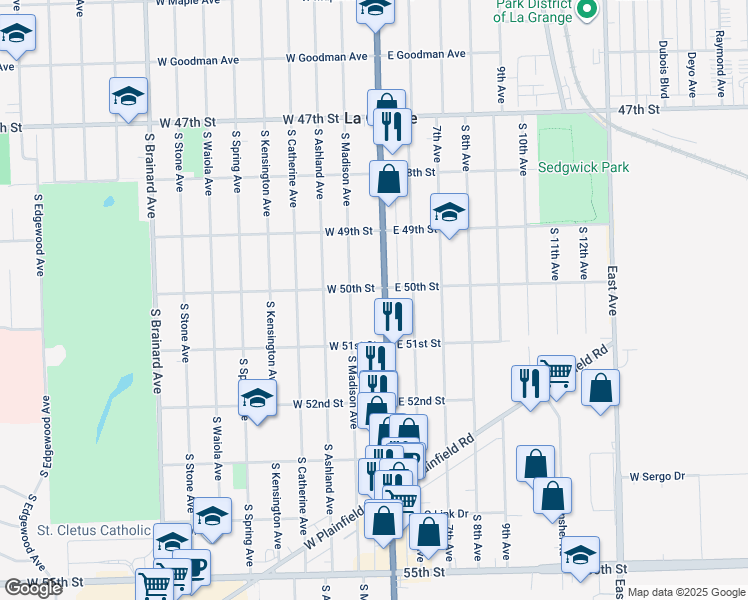 map of restaurants, bars, coffee shops, grocery stores, and more near 815 South Madison Avenue in La Grange