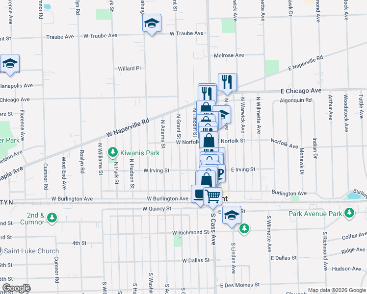 map of restaurants, bars, coffee shops, grocery stores, and more near 133 North Grant Street in Westmont