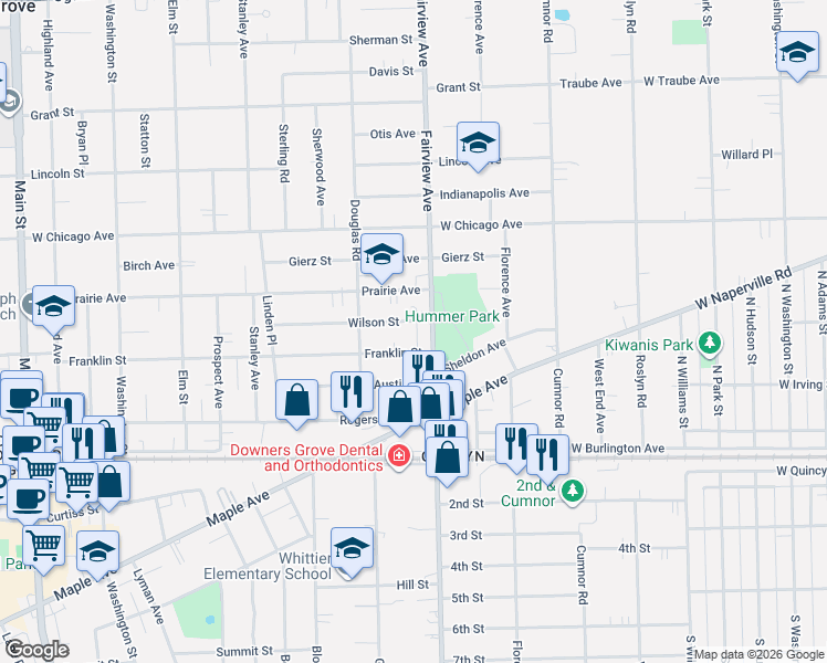 map of restaurants, bars, coffee shops, grocery stores, and more near 424 Franklin Street in Downers Grove