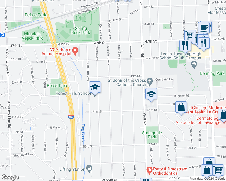 map of restaurants, bars, coffee shops, grocery stores, and more near 4939 Woodland Avenue in Western Springs