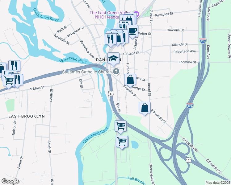 map of restaurants, bars, coffee shops, grocery stores, and more near 44 Dyer Street in Killingly
