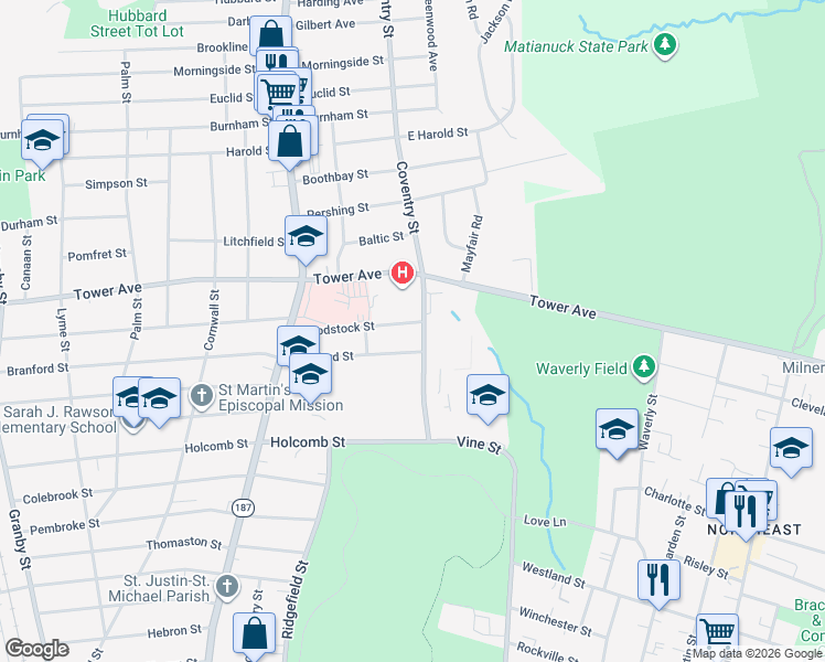 map of restaurants, bars, coffee shops, grocery stores, and more near in Hartford