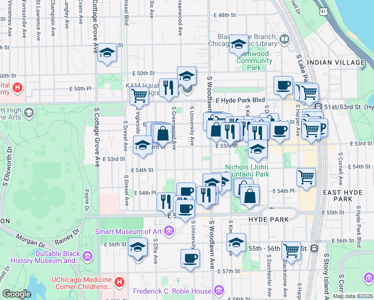 map of restaurants, bars, coffee shops, grocery stores, and more near 5310 South University Avenue in Chicago