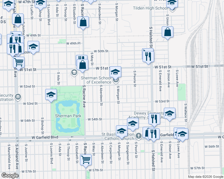 map of restaurants, bars, coffee shops, grocery stores, and more near 5217 South Carpenter Street in Chicago