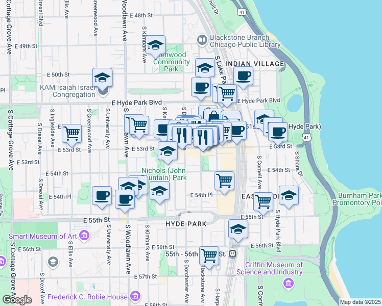 map of restaurants, bars, coffee shops, grocery stores, and more near 1411 East 53rd Street in Chicago