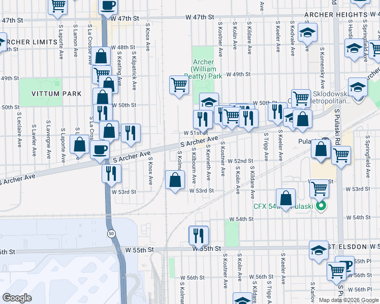 map of restaurants, bars, coffee shops, grocery stores, and more near 5138 South Kilbourn Avenue in Chicago