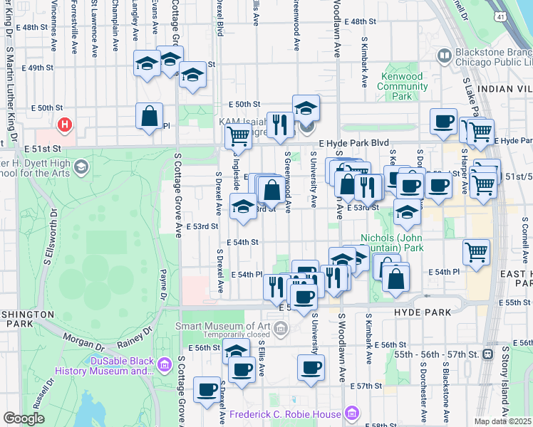 map of restaurants, bars, coffee shops, grocery stores, and more near 5301 South Ellis Avenue in Chicago