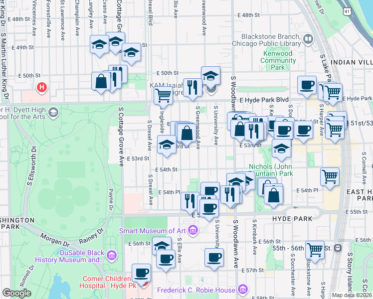 map of restaurants, bars, coffee shops, grocery stores, and more near 1009 East 53rd Street in Chicago