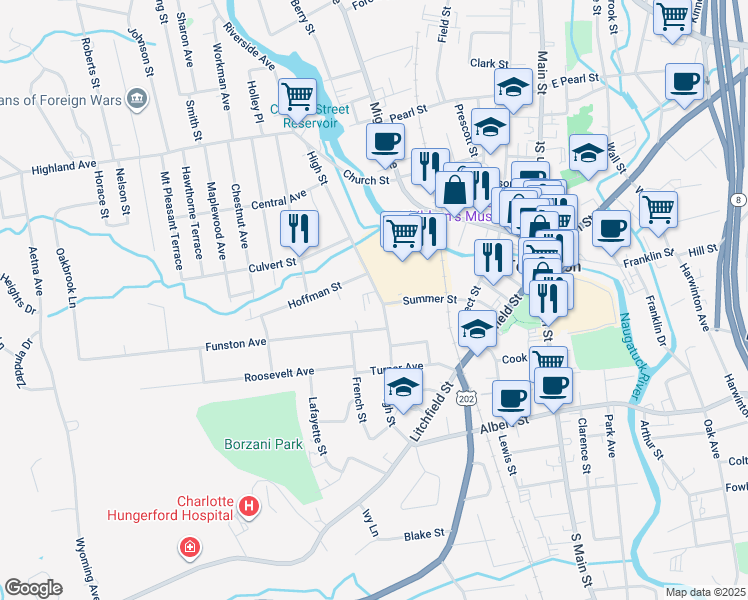 map of restaurants, bars, coffee shops, grocery stores, and more near 237 High Street in Torrington