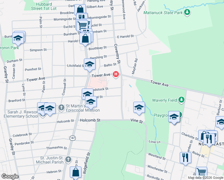 map of restaurants, bars, coffee shops, grocery stores, and more near 27 Woodstock Street in Hartford