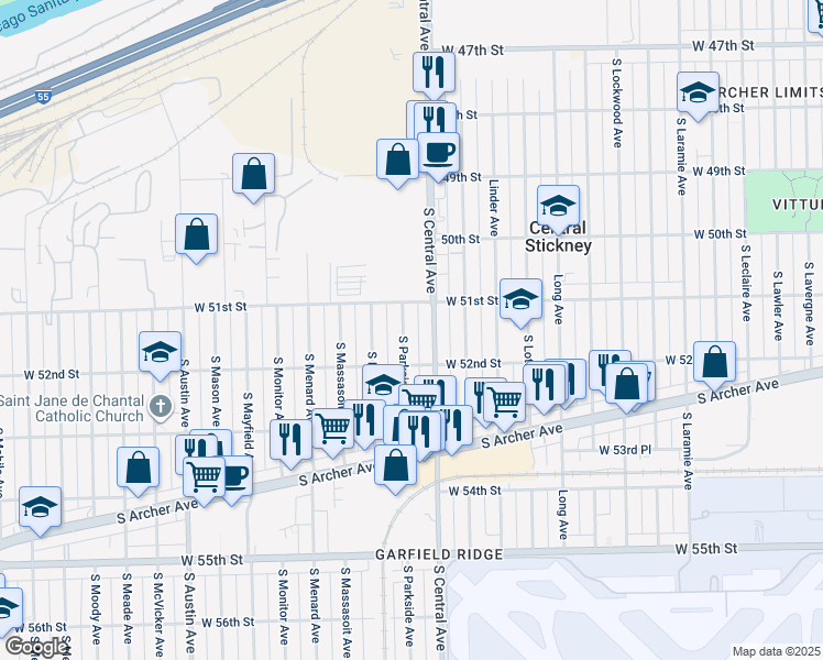 map of restaurants, bars, coffee shops, grocery stores, and more near 5135 South Parkside Avenue in Chicago