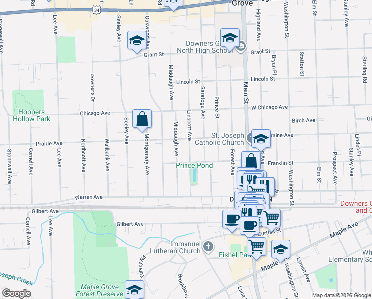 map of restaurants, bars, coffee shops, grocery stores, and more near 4825 Linscott Avenue in Downers Grove