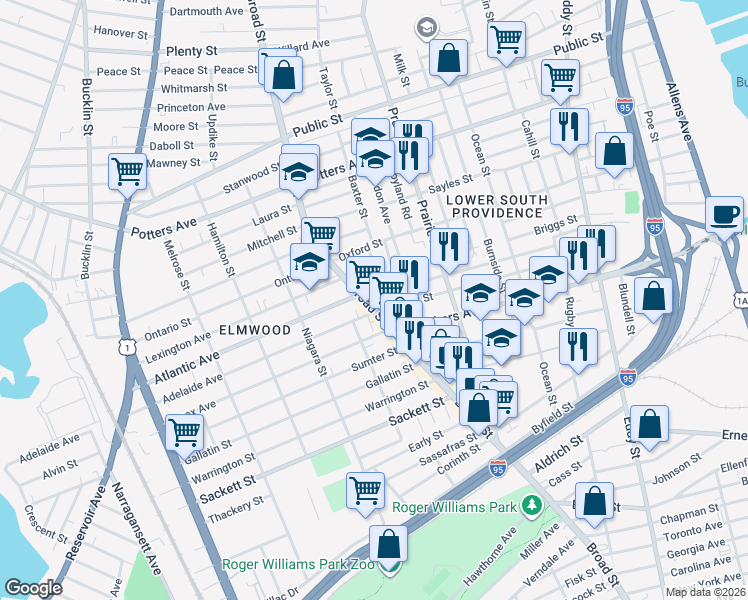 map of restaurants, bars, coffee shops, grocery stores, and more near 924 Broad Street in Providence