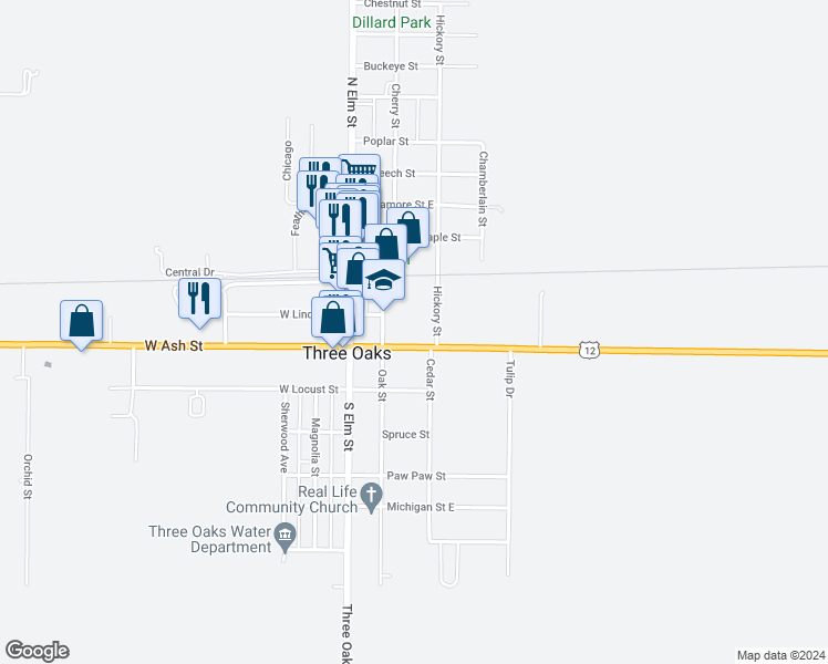 map of restaurants, bars, coffee shops, grocery stores, and more near 100 Oak Street in Three Oaks