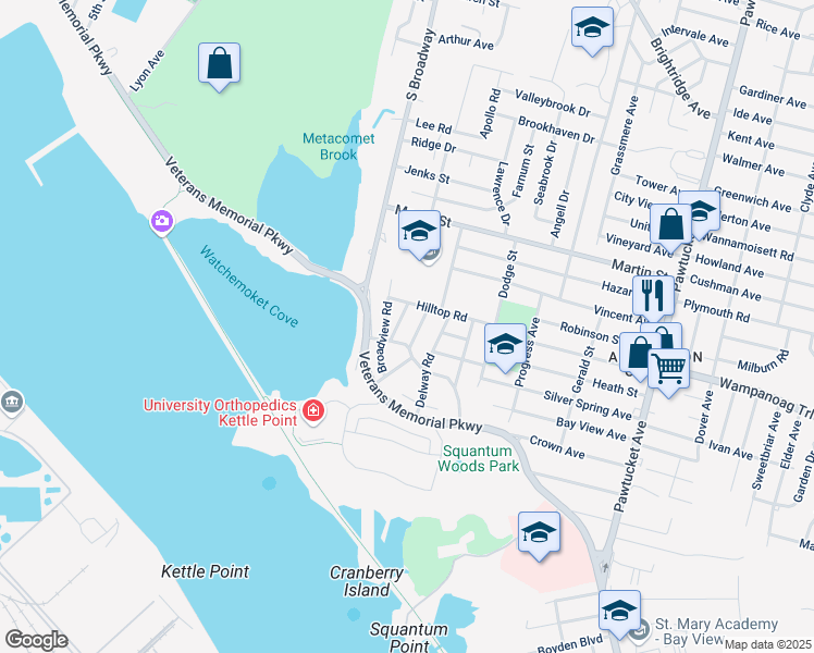 map of restaurants, bars, coffee shops, grocery stores, and more near 31 Colonial Road in East Providence