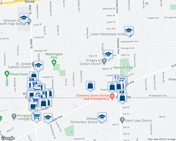 map of restaurants, bars, coffee shops, grocery stores, and more near 617 Wilson Street in Downers Grove