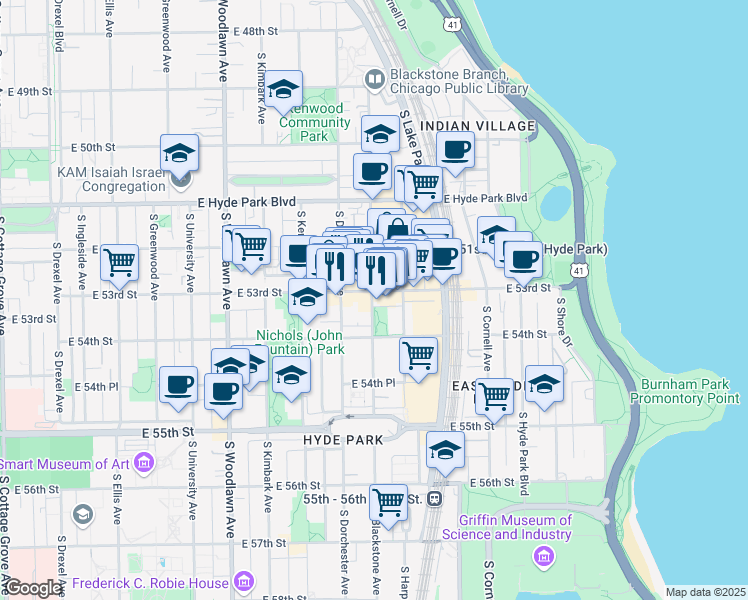 map of restaurants, bars, coffee shops, grocery stores, and more near 5305 South Blackstone Avenue in Chicago
