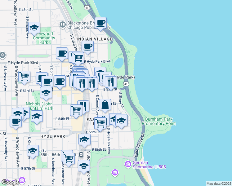 map of restaurants, bars, coffee shops, grocery stores, and more near 5300 South Shore Drive in Chicago