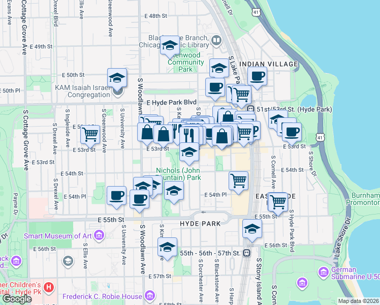 map of restaurants, bars, coffee shops, grocery stores, and more near 1363 East 53rd Street in Chicago