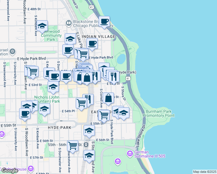 map of restaurants, bars, coffee shops, grocery stores, and more near 5308 South Hyde Park Boulevard in Chicago