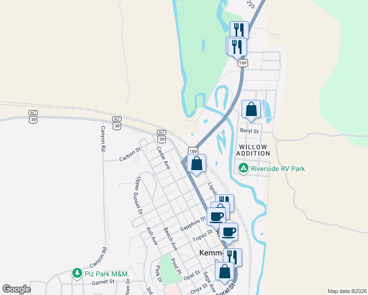 map of restaurants, bars, coffee shops, grocery stores, and more near 320 Pine Avenue in Kemmerer