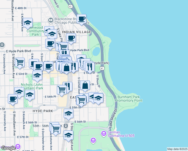 map of restaurants, bars, coffee shops, grocery stores, and more near 5300 S Shore Dr in Chicago