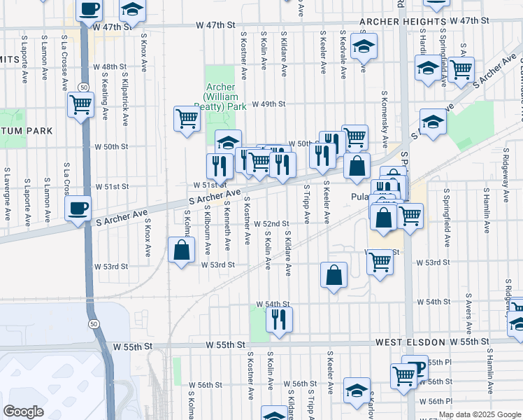 map of restaurants, bars, coffee shops, grocery stores, and more near 5140 South Kolin Avenue in Chicago