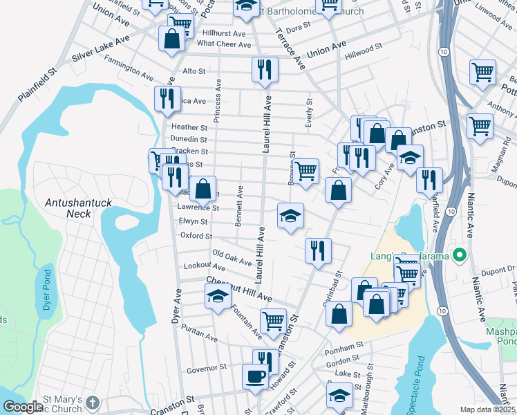map of restaurants, bars, coffee shops, grocery stores, and more near 547 Laurel Hill Avenue in Cranston