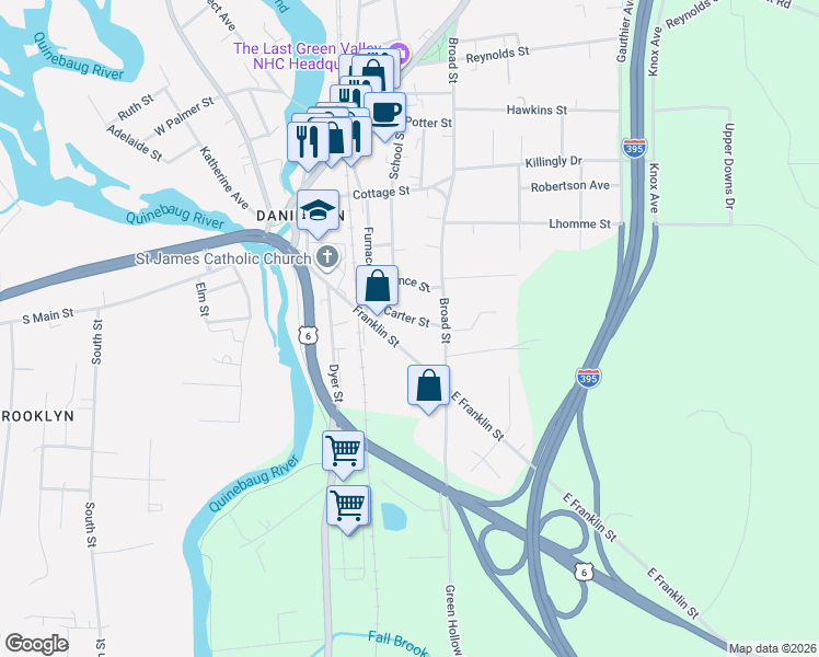 map of restaurants, bars, coffee shops, grocery stores, and more near 110 Franklin Street in Killingly