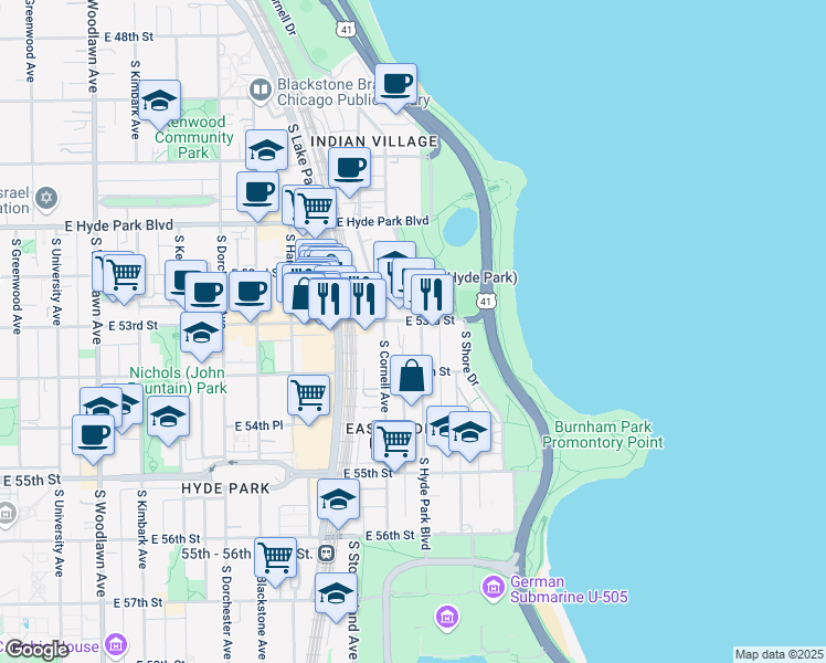map of restaurants, bars, coffee shops, grocery stores, and more near 5317 South Cornell Avenue in Chicago