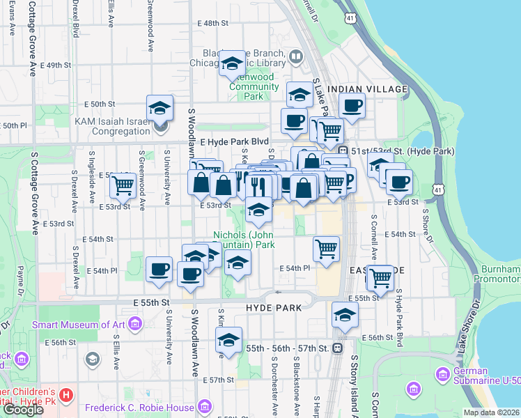 map of restaurants, bars, coffee shops, grocery stores, and more near 1346 East 53rd Street in Chicago
