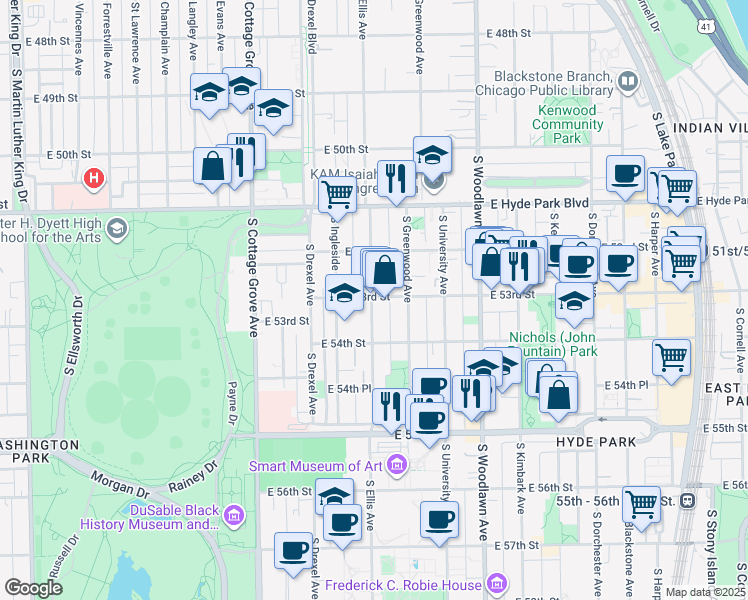 map of restaurants, bars, coffee shops, grocery stores, and more near 1009 East 53rd Street in Chicago