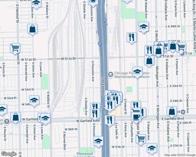 map of restaurants, bars, coffee shops, grocery stores, and more near 5235 South Princeton Avenue in Chicago