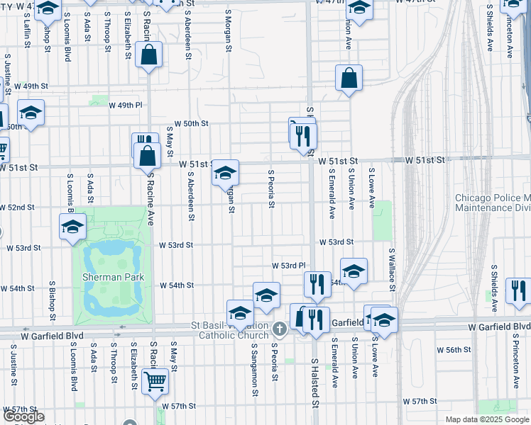 map of restaurants, bars, coffee shops, grocery stores, and more near 5222 South Peoria Street in Chicago