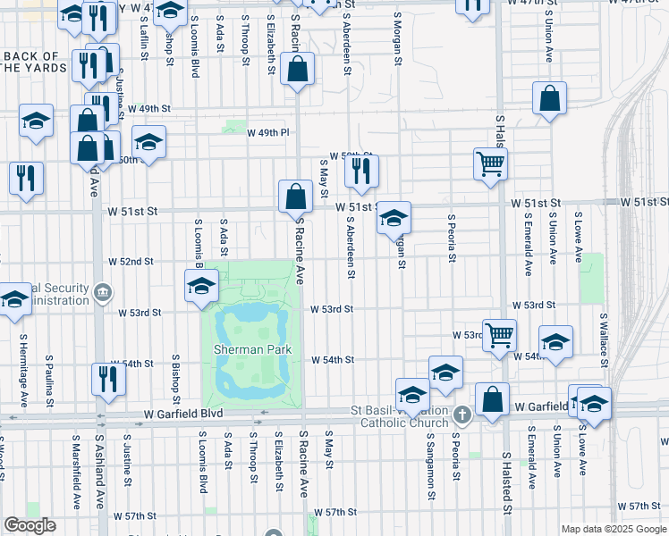 map of restaurants, bars, coffee shops, grocery stores, and more near 5220 South May Street in Chicago