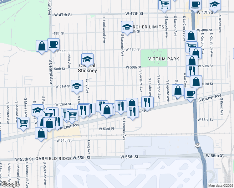 map of restaurants, bars, coffee shops, grocery stores, and more near 5140 South Laramie Avenue in Chicago
