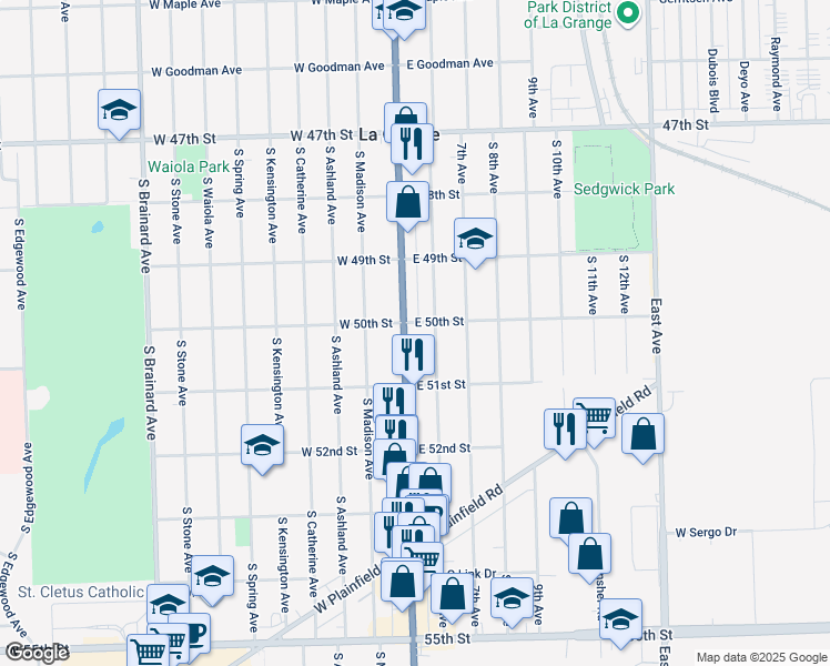 map of restaurants, bars, coffee shops, grocery stores, and more near 815 South La Grange Road in La Grange