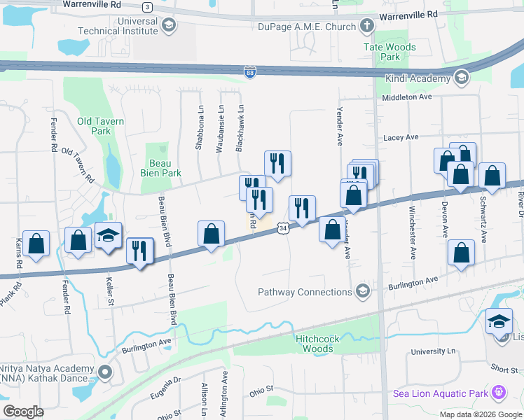 map of restaurants, bars, coffee shops, grocery stores, and more near 4659 Old Tavern Road in Lisle