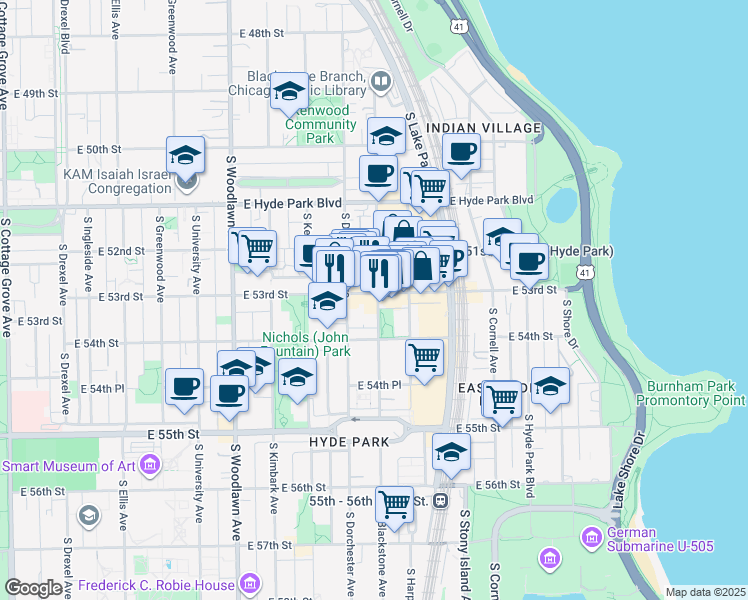 map of restaurants, bars, coffee shops, grocery stores, and more near 5300 South Blackstone Avenue in Chicago