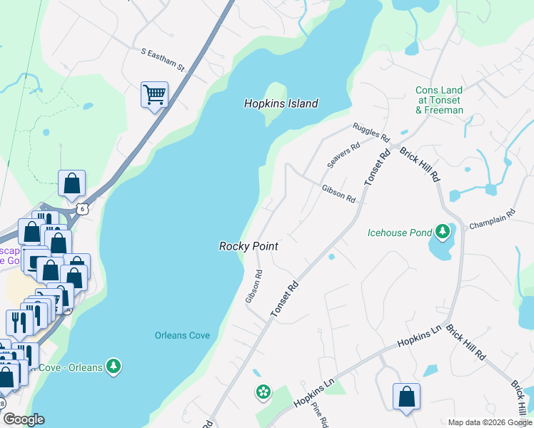 map of restaurants, bars, coffee shops, grocery stores, and more near 53 Gibson Road in Orleans
