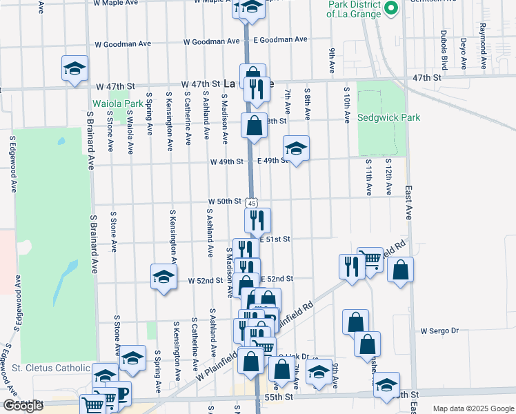 map of restaurants, bars, coffee shops, grocery stores, and more near 815 South La Grange Road in La Grange