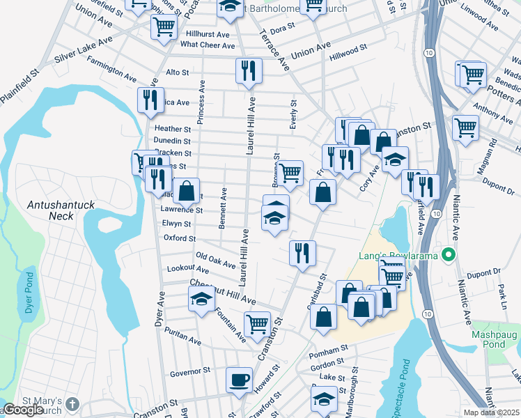 map of restaurants, bars, coffee shops, grocery stores, and more near 23 Lawrence Street in Cranston