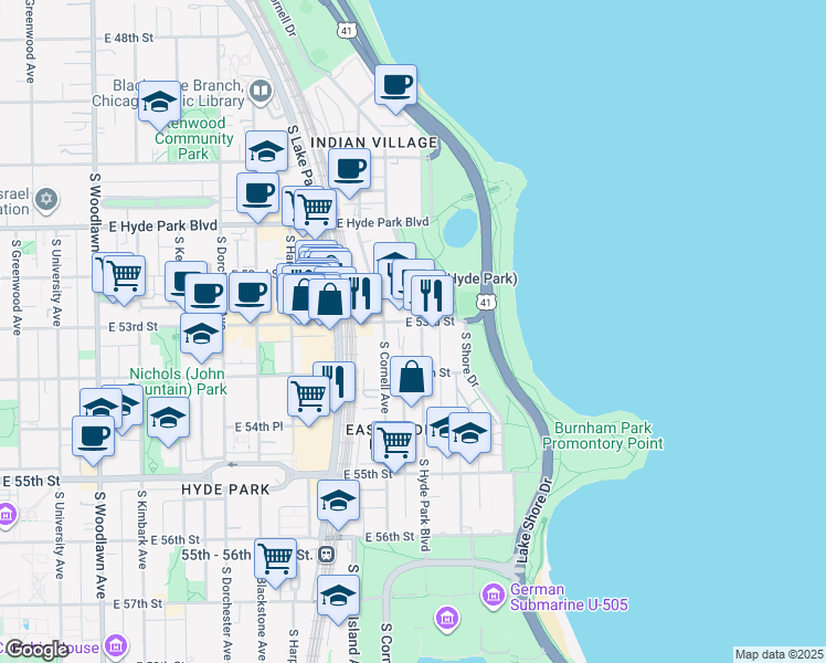 map of restaurants, bars, coffee shops, grocery stores, and more near 5300-5308 South Hyde Park Boulevard in Chicago