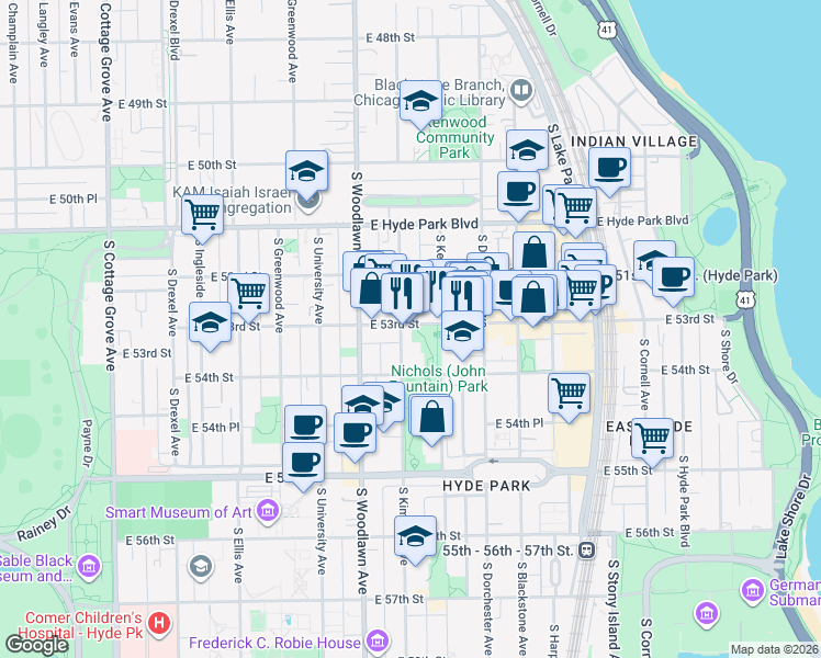 map of restaurants, bars, coffee shops, grocery stores, and more near 1307 East 53rd Street in Chicago