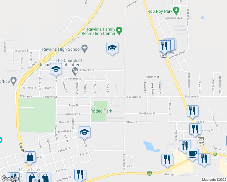 map of restaurants, bars, coffee shops, grocery stores, and more near 1216 Sigma Drive in Rawlins