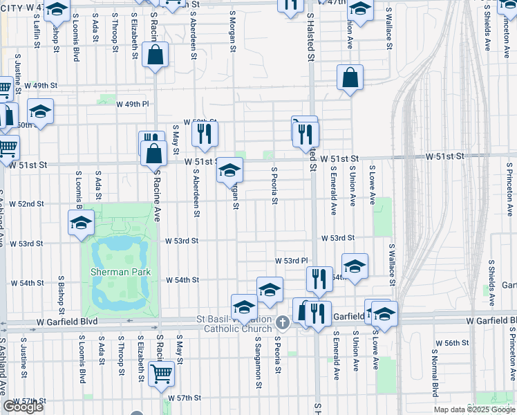 map of restaurants, bars, coffee shops, grocery stores, and more near 5222 South Peoria Street in Chicago
