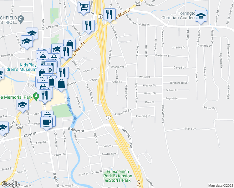 map of restaurants, bars, coffee shops, grocery stores, and more near 136 View Street in Torrington