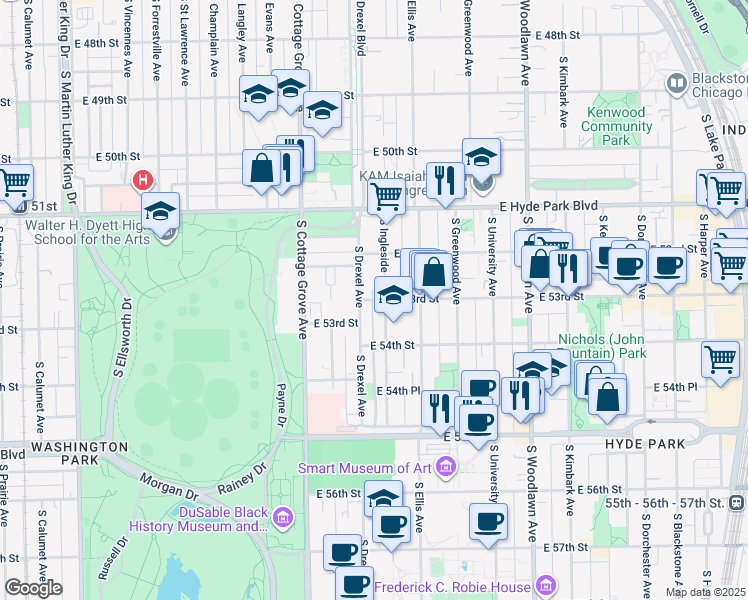 map of restaurants, bars, coffee shops, grocery stores, and more near East 53rd Street in Chicago