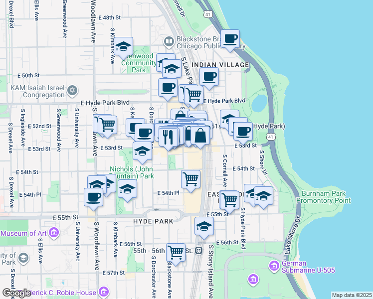 map of restaurants, bars, coffee shops, grocery stores, and more near 5316 South Harper Avenue in Chicago